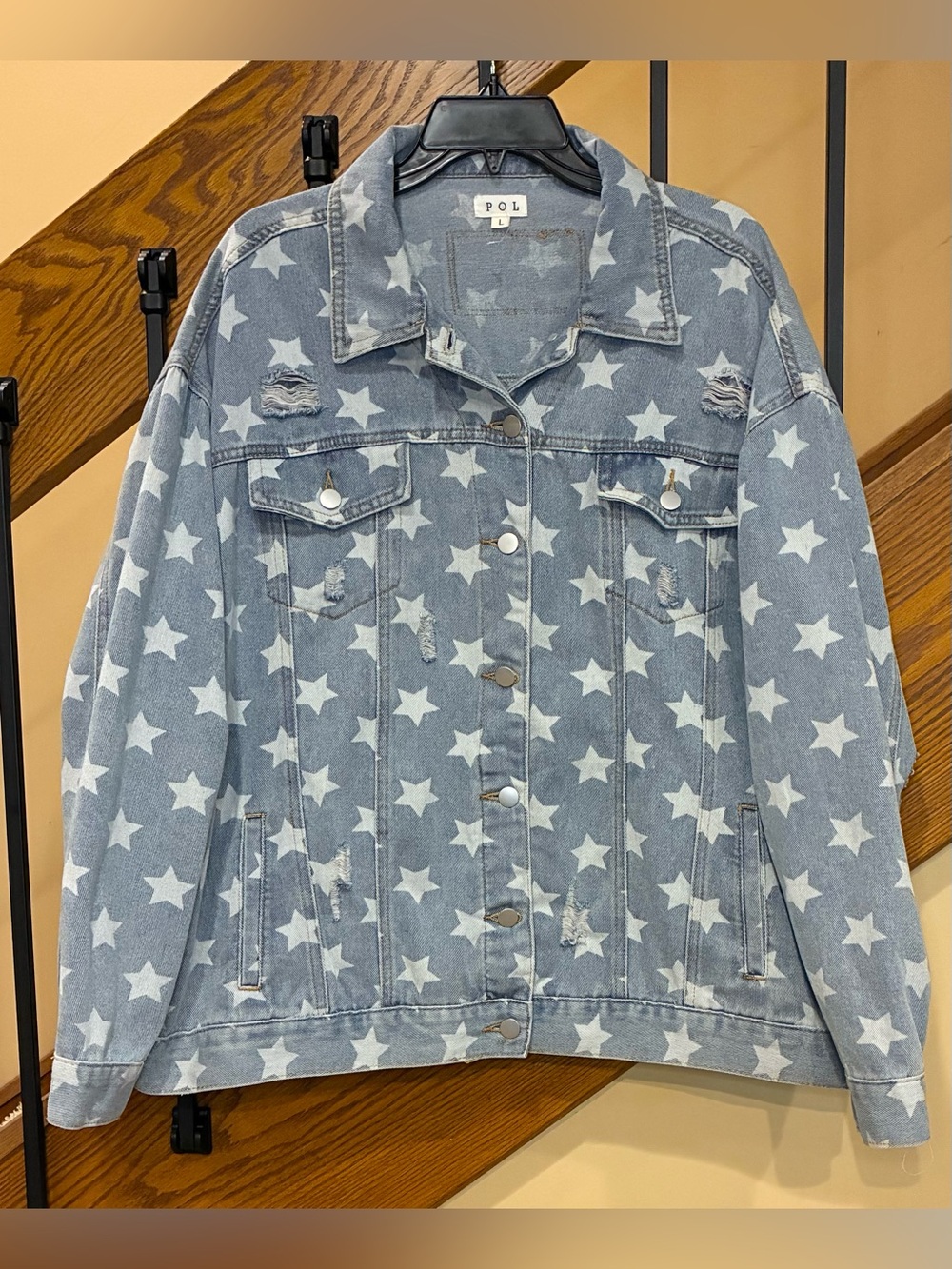 POL Jean Jacket star pattern Button front Pockets distressed light blue SZ. L